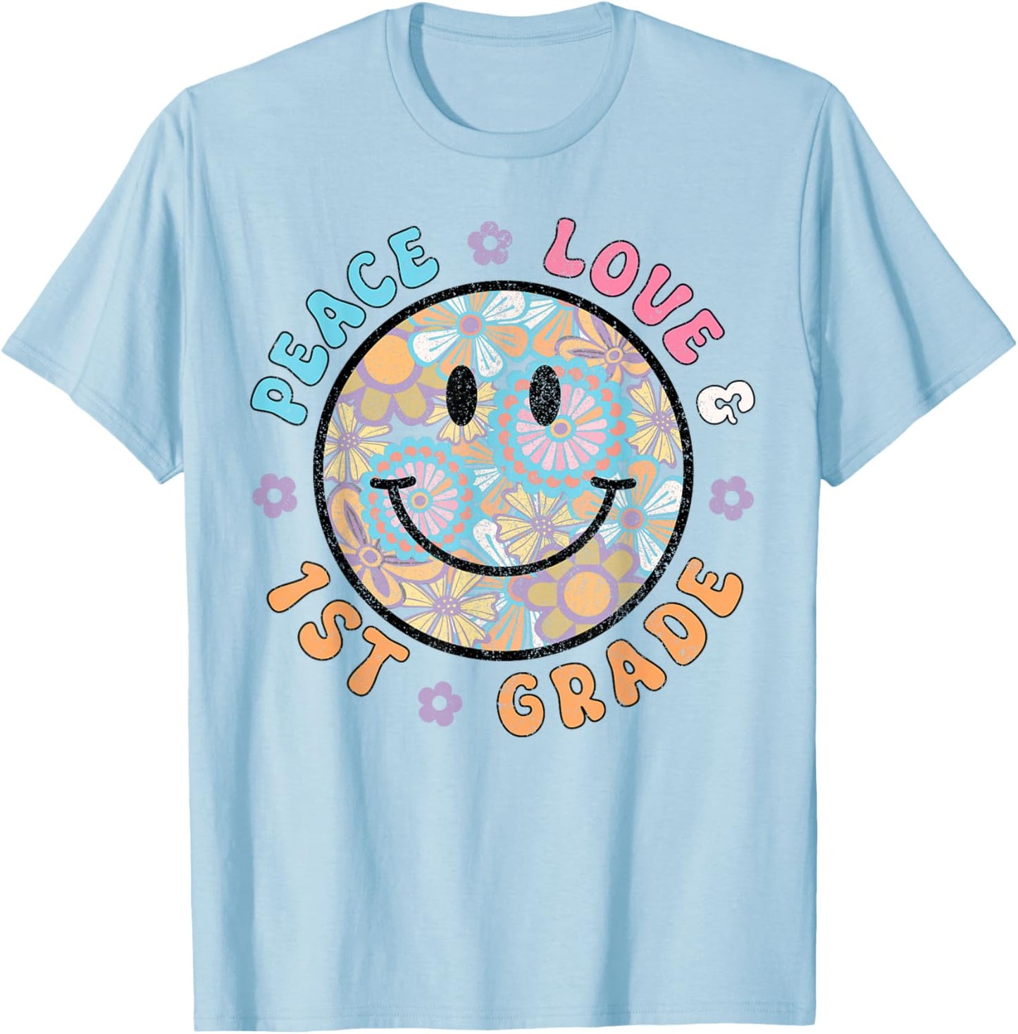 Groovy Peace Love FIRST GRADE Retro Teachers Back to School T-Shirt - T-Shirt | Light Blue