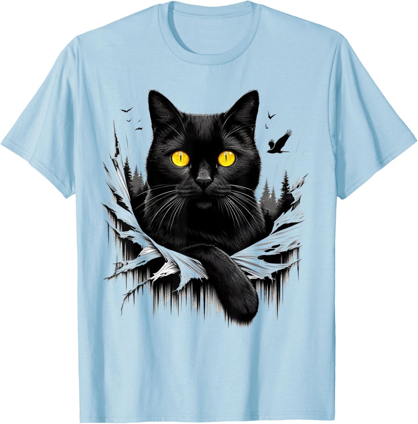 Black Cat Torn Cloth - Black Cat Yellow Eyes T-Shirt - T-Shirt | Light Blue