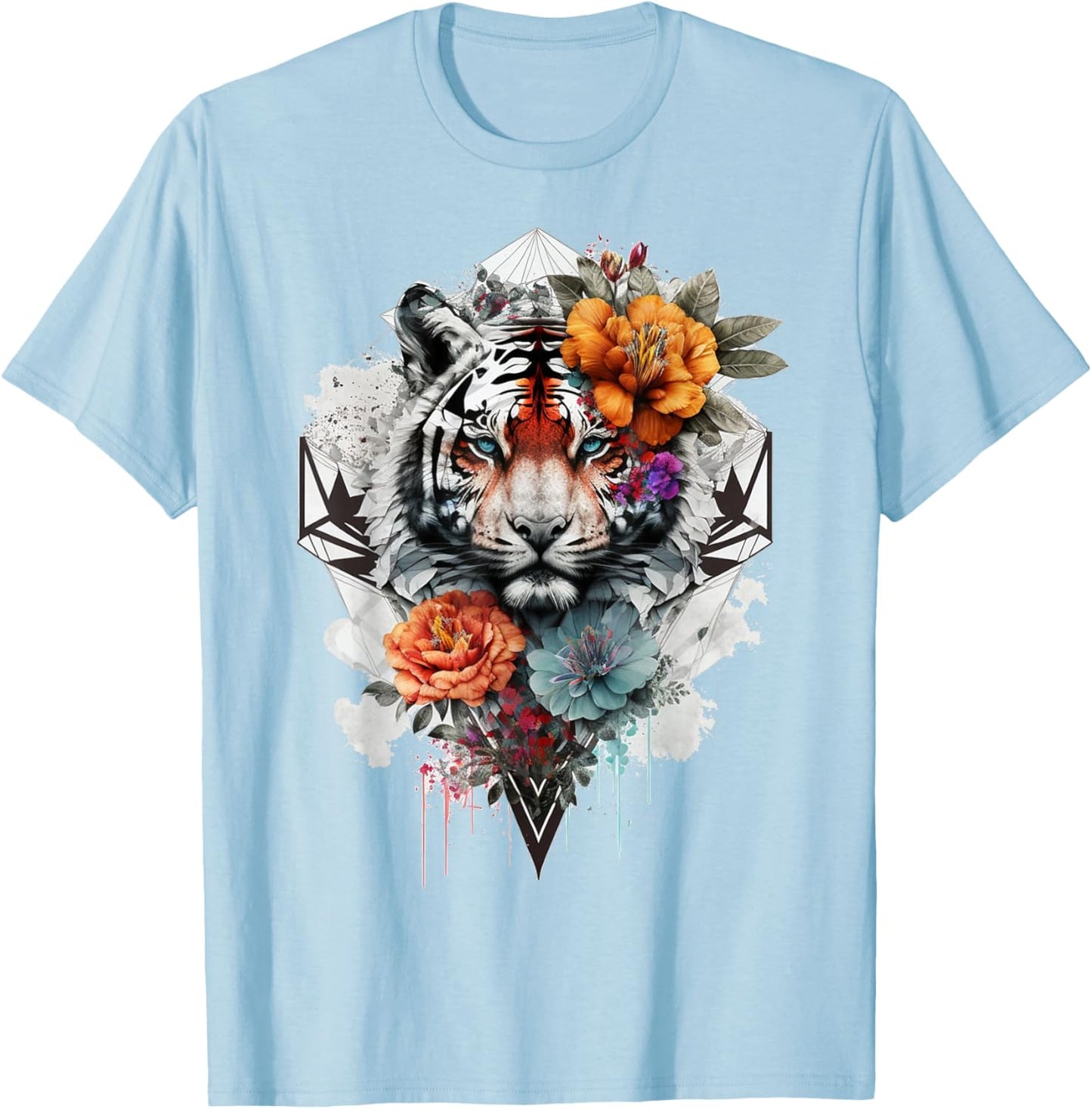 Tiger Flowers Blue Eyes Animal Print Art Tiger T-Shirt - T-Shirt | Light Blue