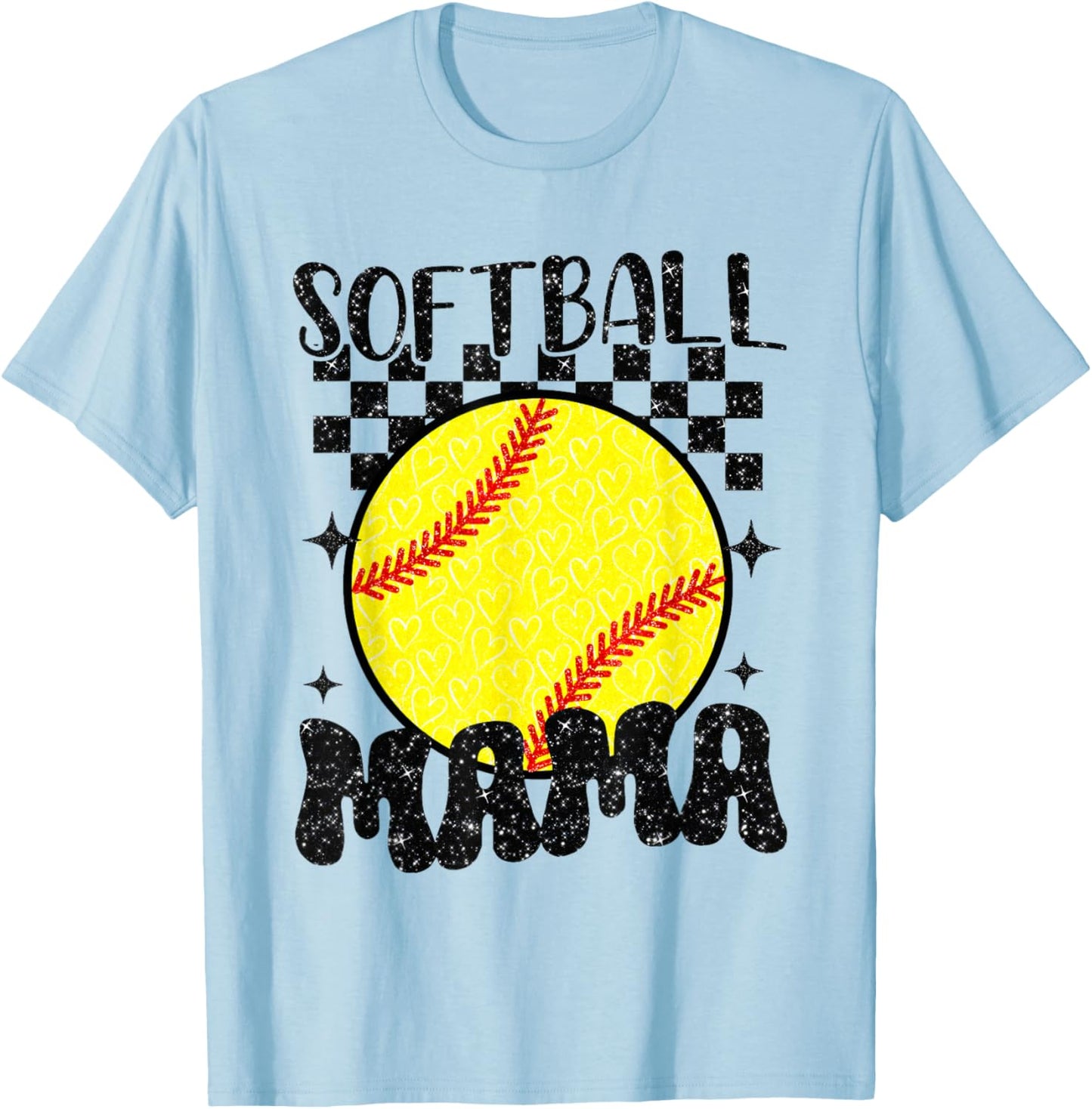 Softball Mama Checkered Print Basketball Sports Mother's Day T-Shirt - T-Shirt | Light Blue
