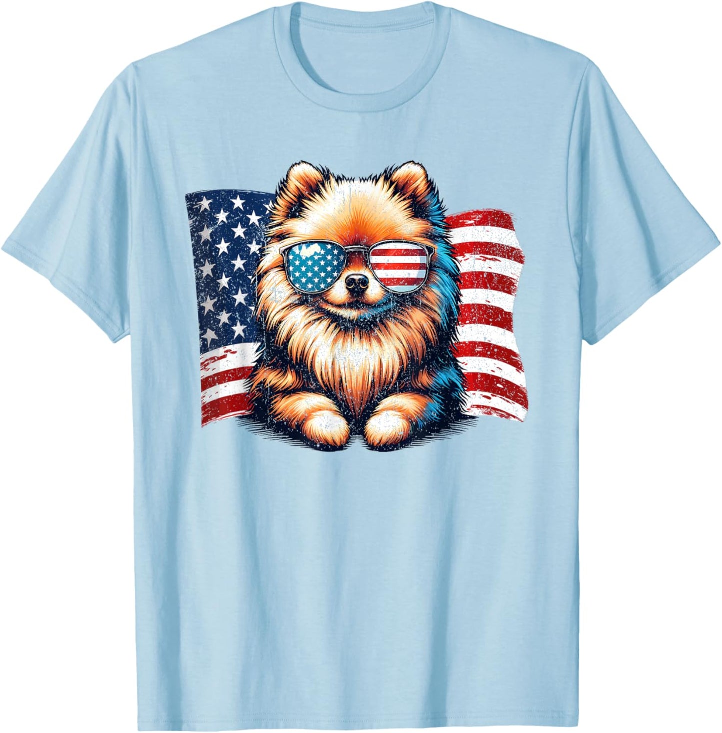 Vintage Pomeranian Dogs American Flag Sunglasses Patriotic T-Shirt - T-Shirt | Light Blue
