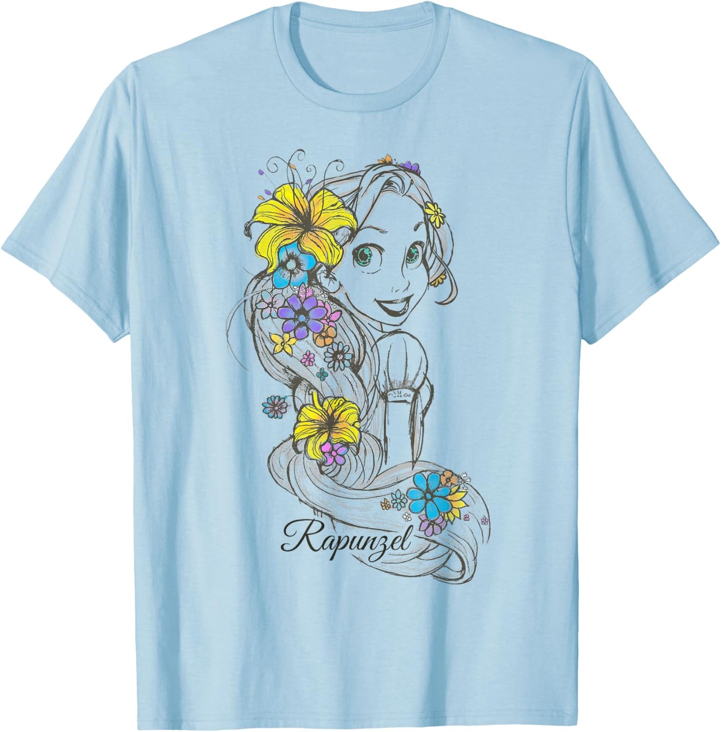 Disney Tangled Rapunzel Floral Sketch Portrait T-Shirt - T-Shirt | Light Blue