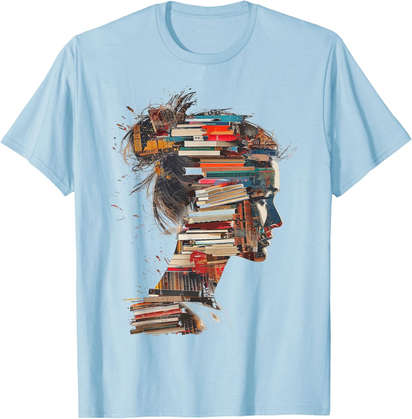 Books Lover Women Art Colorful Drawing Graphic Books T-Shirt - T-Shirt | Light Blue