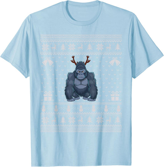 Ugly Xmas Sweater Style Gorilla Reindeer Christmas T-Shirt - T-Shirt | Light Blue