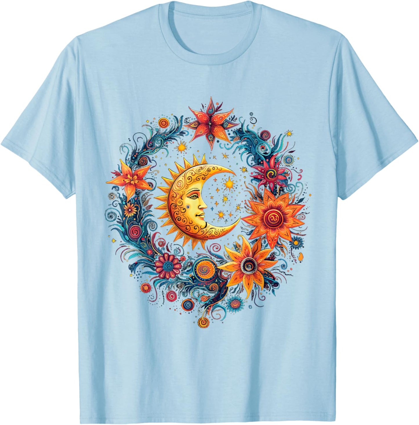 Mystical Sun and Moon with Woman Mystical Flowers Aesthetic T-Shirt - T-Shirt | Light Blue