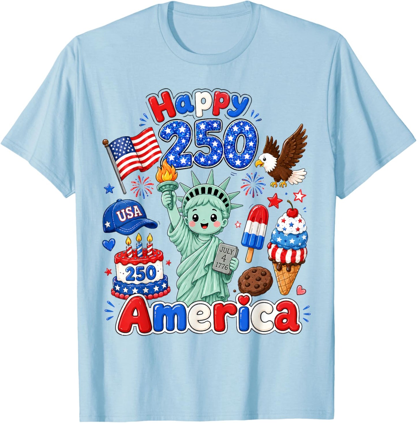 Boy Kids 4th of July Happy 250 America 1776-2026 Patriotic T-Shirt - T-Shirt | Light Blue