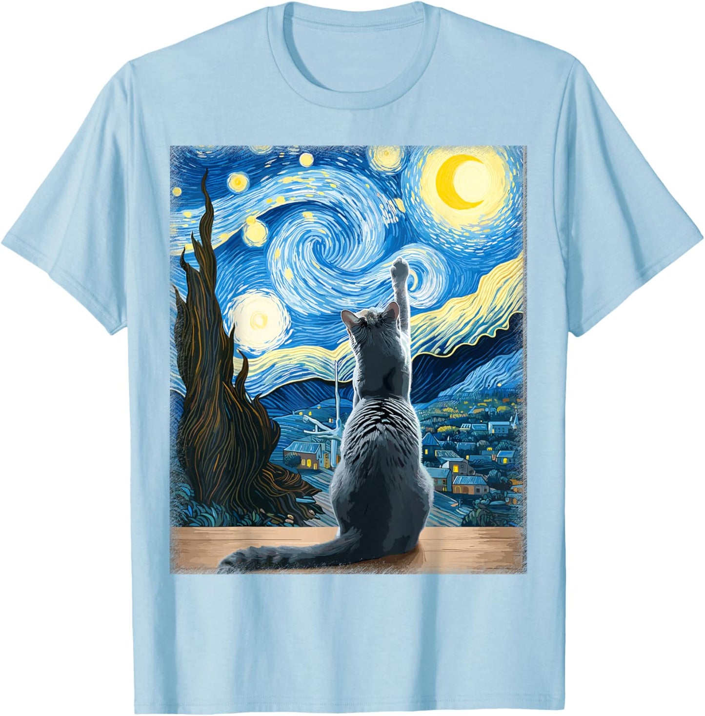 Van Gogh Starry Night Style Artistic Russian Blue Cat T-Shirt - T-Shirt | Light Blue