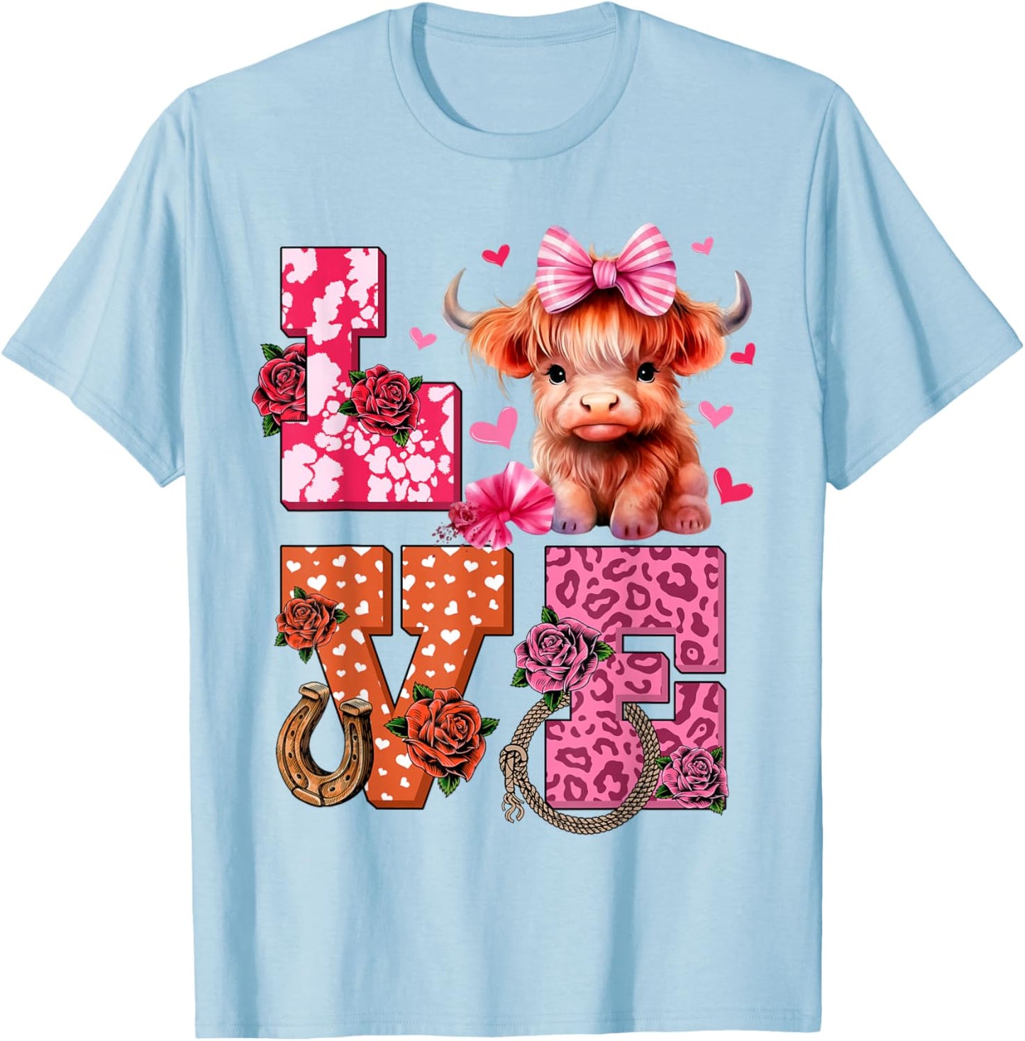 Cute Highland Cow And Pink Heart Valentines Day Love Leopard T-Shirt - T-Shirt | Light Blue