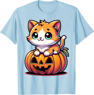 Halloween Cat Funny Fall Pumpkin Cat Lover Cute T-Shirt - T-Shirt | Light Blue