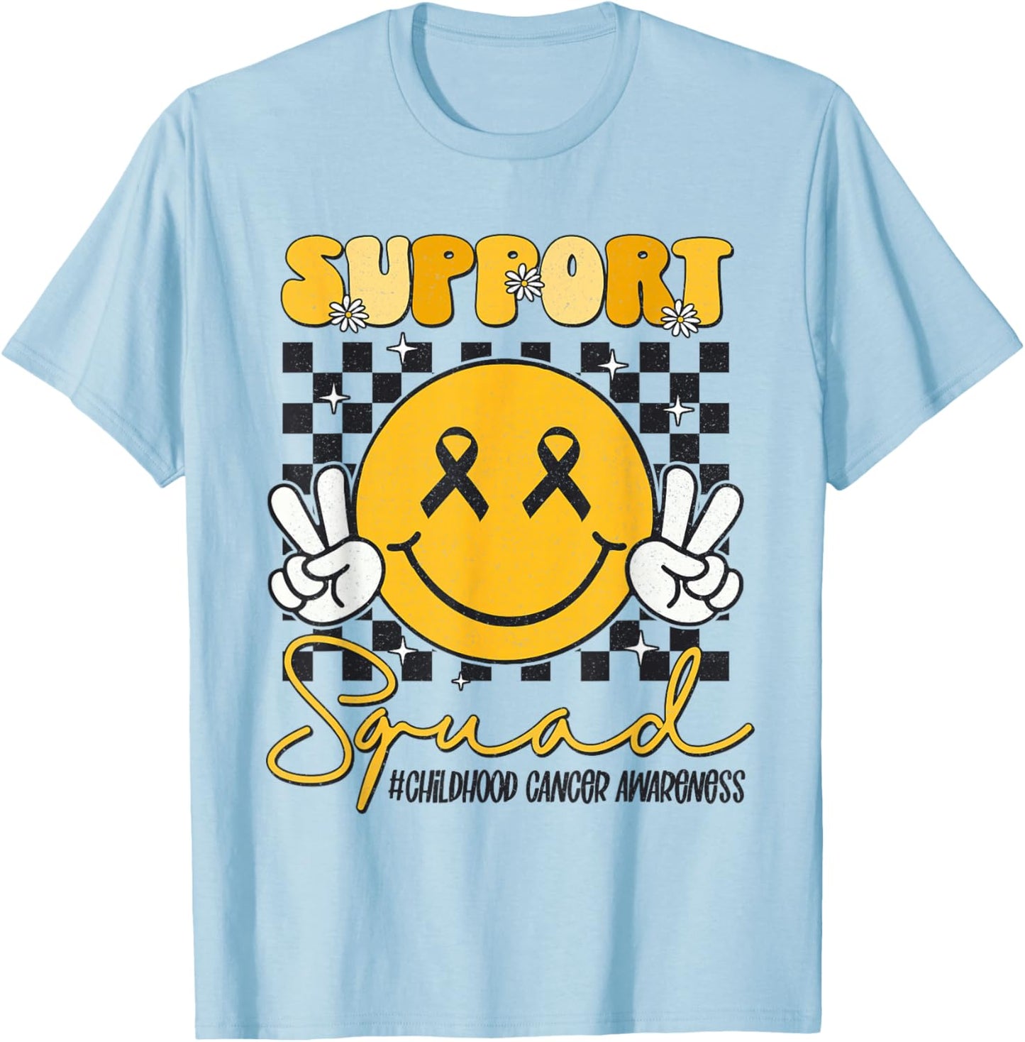 Childhood Cancer Awareness Smile Face Gold Ribbon Support T-Shirt - T-Shirt | Light Blue
