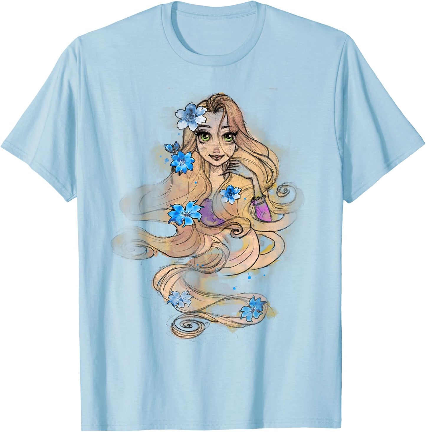 Disney Tangled Rapunzel Watercolors Portrait Graphic Small T-Shirt - T-Shirt | Light Blue