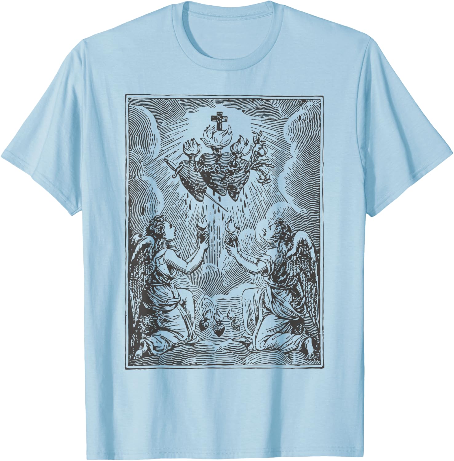 Sacred Heart of Jesus Immaculate Heart Mary Vintage Catholic T-Shirt - T-Shirt | Light Blue