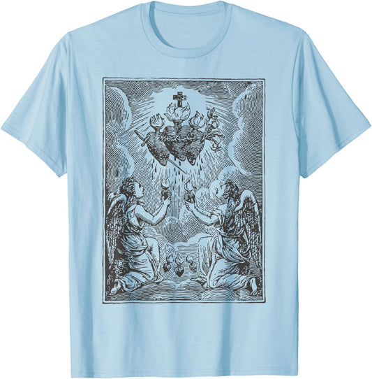 Sacred Heart of Jesus Immaculate Heart Mary Vintage Catholic T-Shirt - T-Shirt | Light Blue