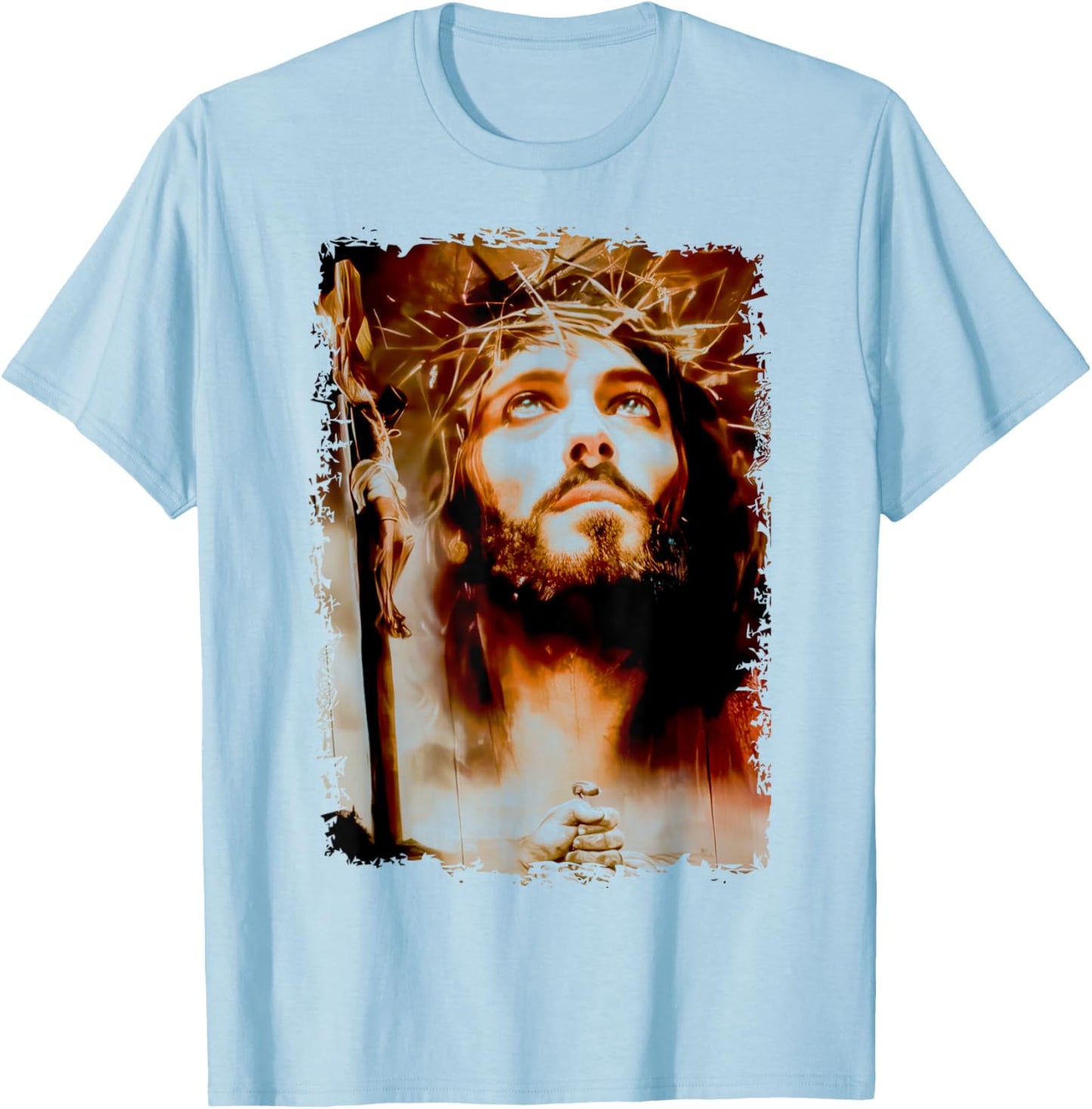 MexiColor Face of Jesus Christ Crown of Thorns Catholic Faith , Small, White T-Shirt - T-Shirt | Light Blue