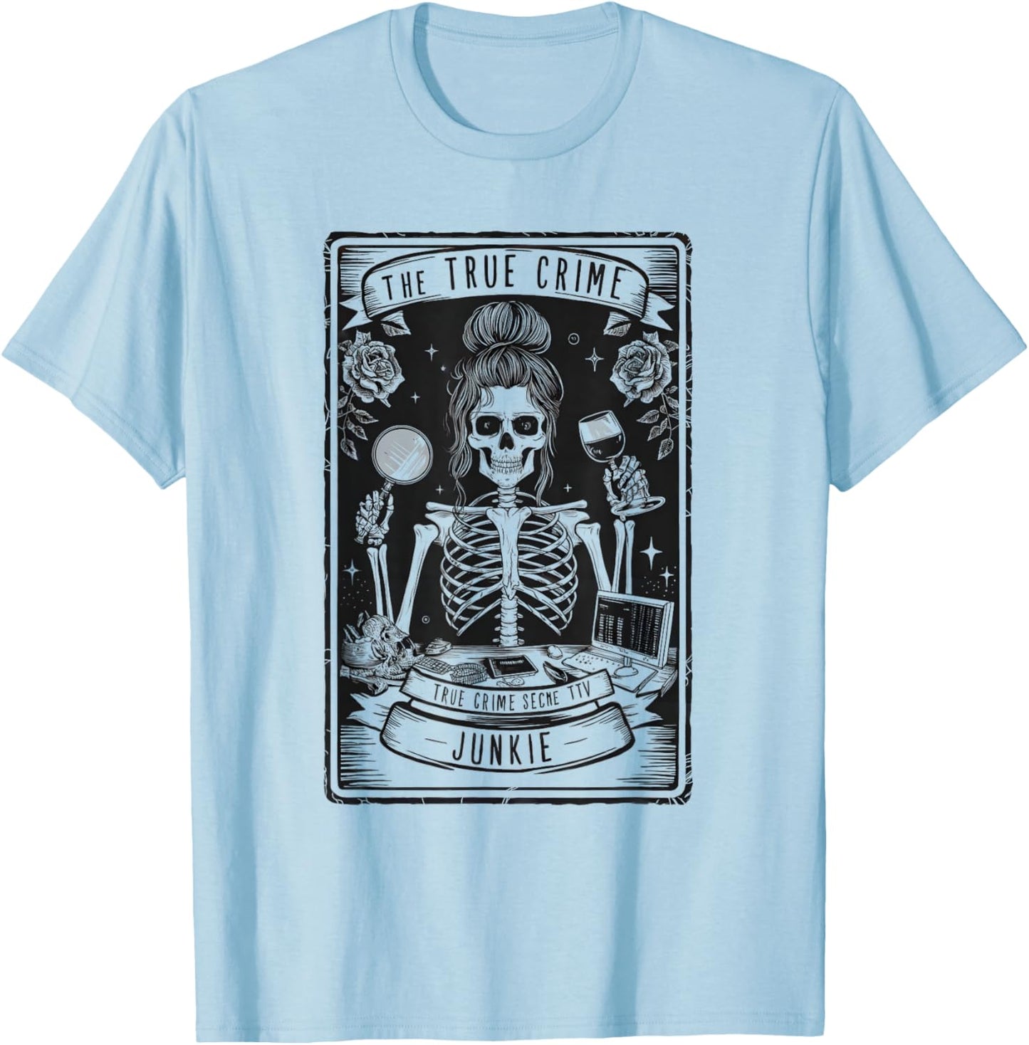 True Crime Tarot Card Junkie Skeleton Witchy Vibes Halloween T-Shirt - T-Shirt | Light Blue