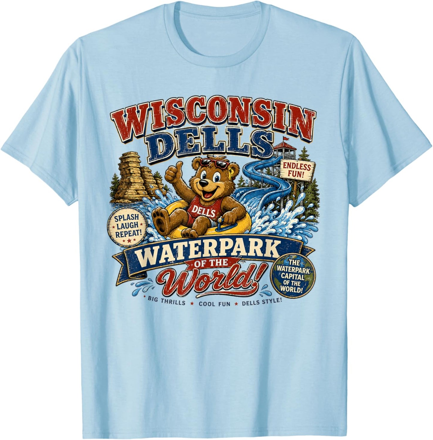 Wisconsin Dells Waterpark Capital - Vintage Bear Waterslide T-Shirt - T-Shirt | Light Blue