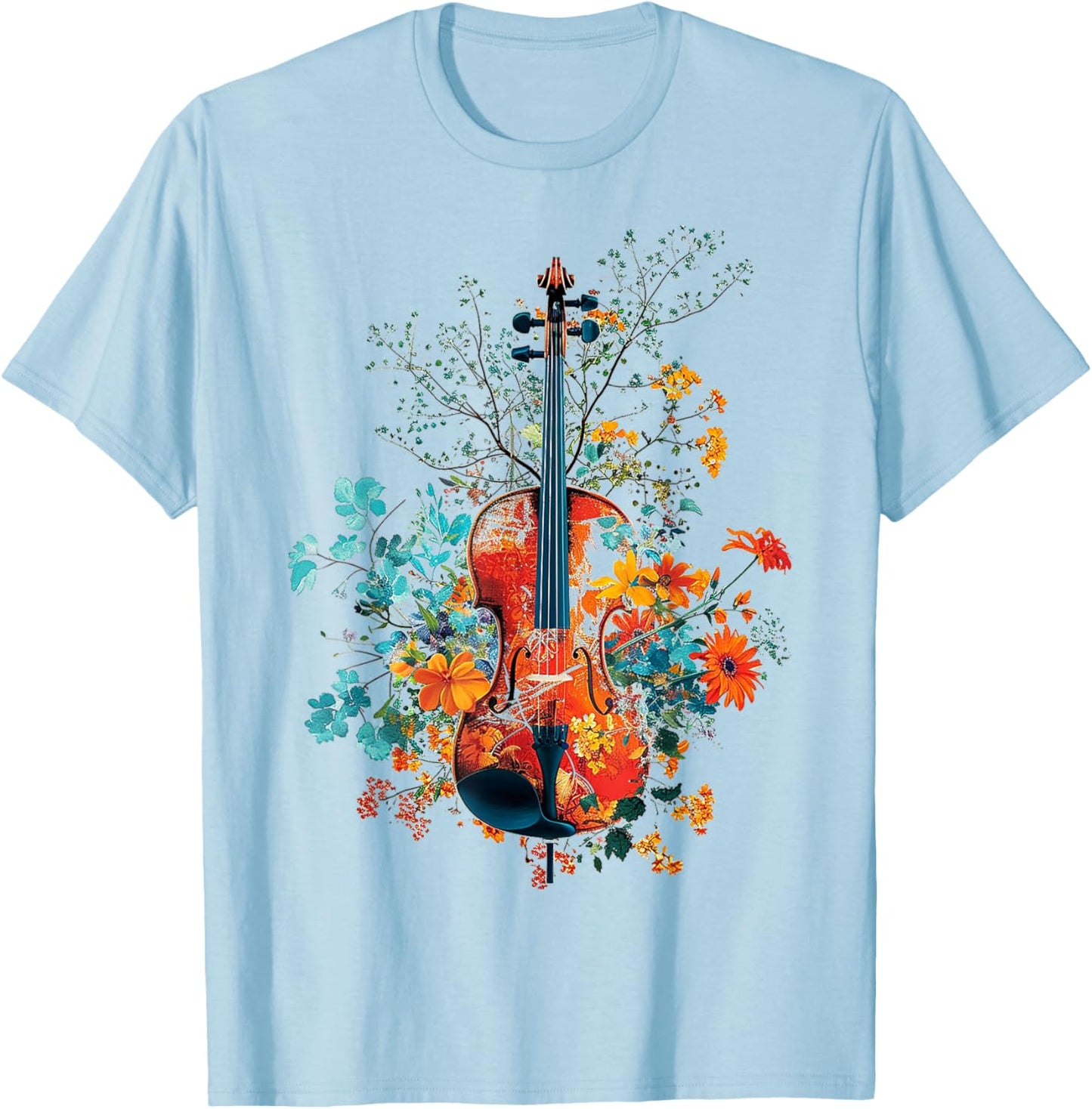 Violin Music Flowers Nature Graphic Violin T-Shirt - T-Shirt | Light Blue