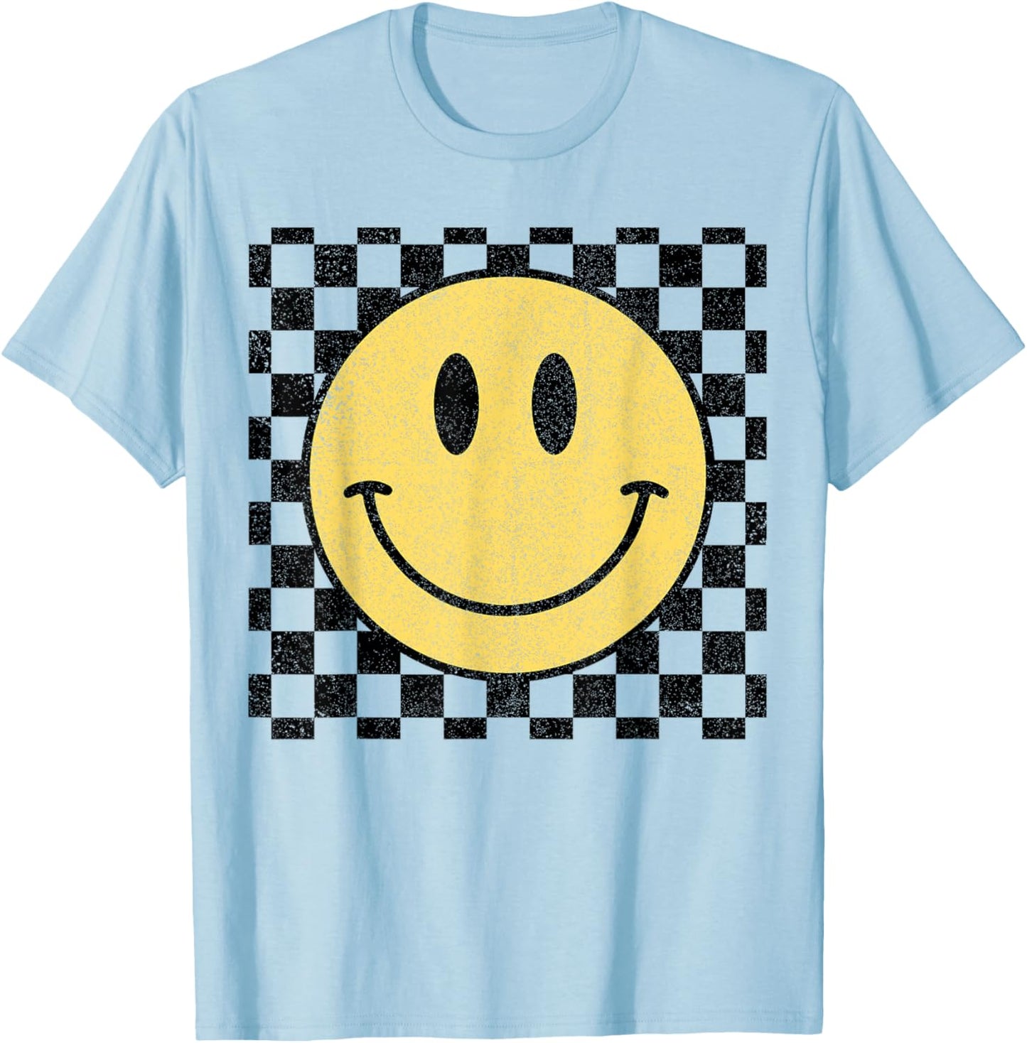Retro Happy Face Distressed Checkered Pattern Smile Face T-Shirt - T-Shirt | Light Blue