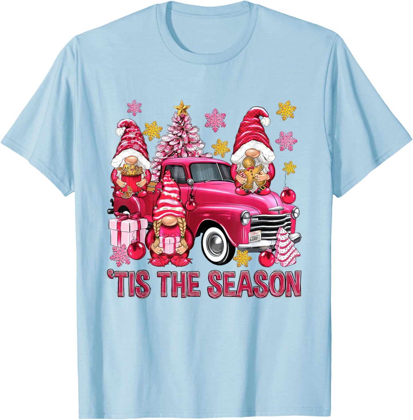 Tis The Season Pink Christmas Gnomes Pink Truck Xmas Holiday T-Shirt - T-Shirt | Light Blue
