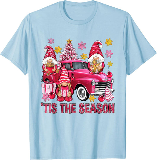 Tis The Season Pink Christmas Gnomes Pink Truck Xmas Holiday T-Shirt - T-Shirt | Light Blue