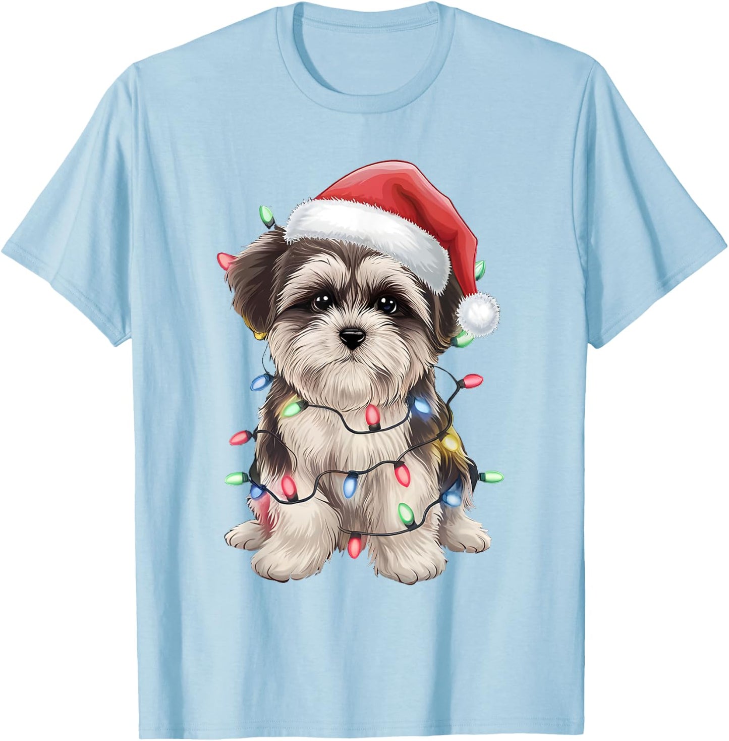 Morkie Santa Christmas Lights Xmas Dog Lover Xmas Pajama T-Shirt - T-Shirt | Light Blue