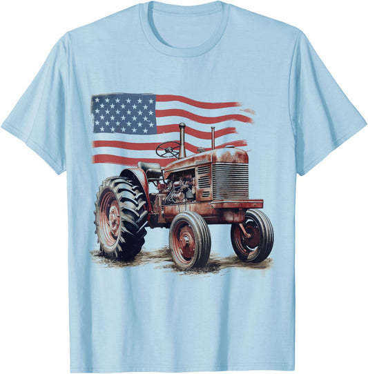 Patriotic Tractor American Flag Tractor Farmer Farm Men Boys T-Shirt - T-Shirt | Light Blue