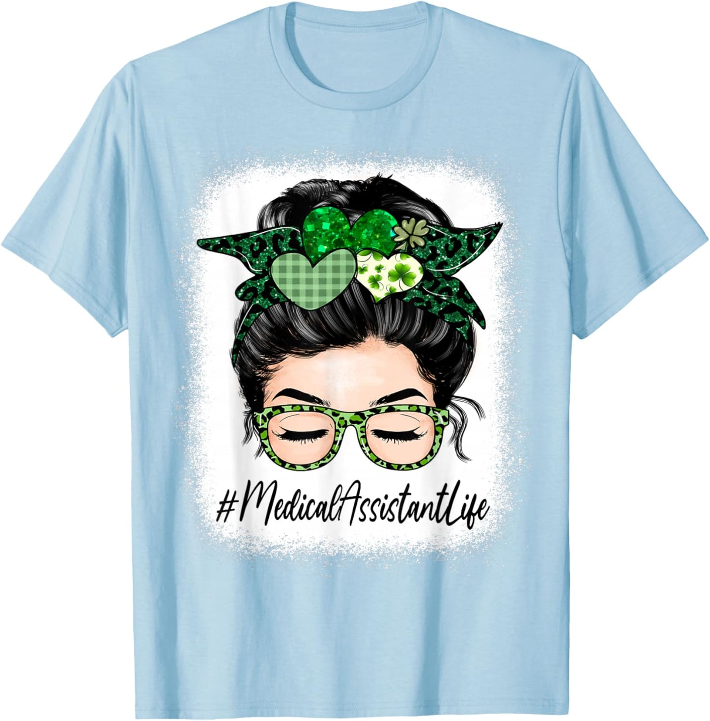 Medical Assistant Women Messy Bun St Patrick's Day Shamrock T-Shirt - T-Shirt | Light Blue
