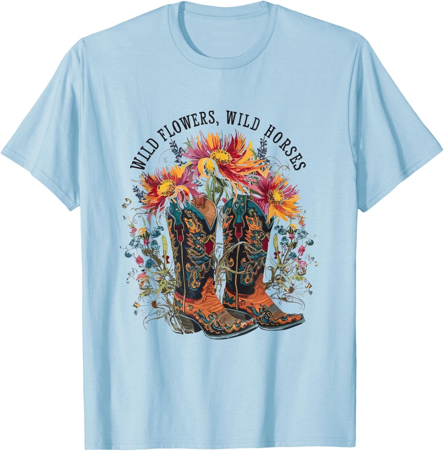 Wild Flowers - Wild Horses Cowgirl Boot Western Flower T-Shirt - T-Shirt | Light Blue