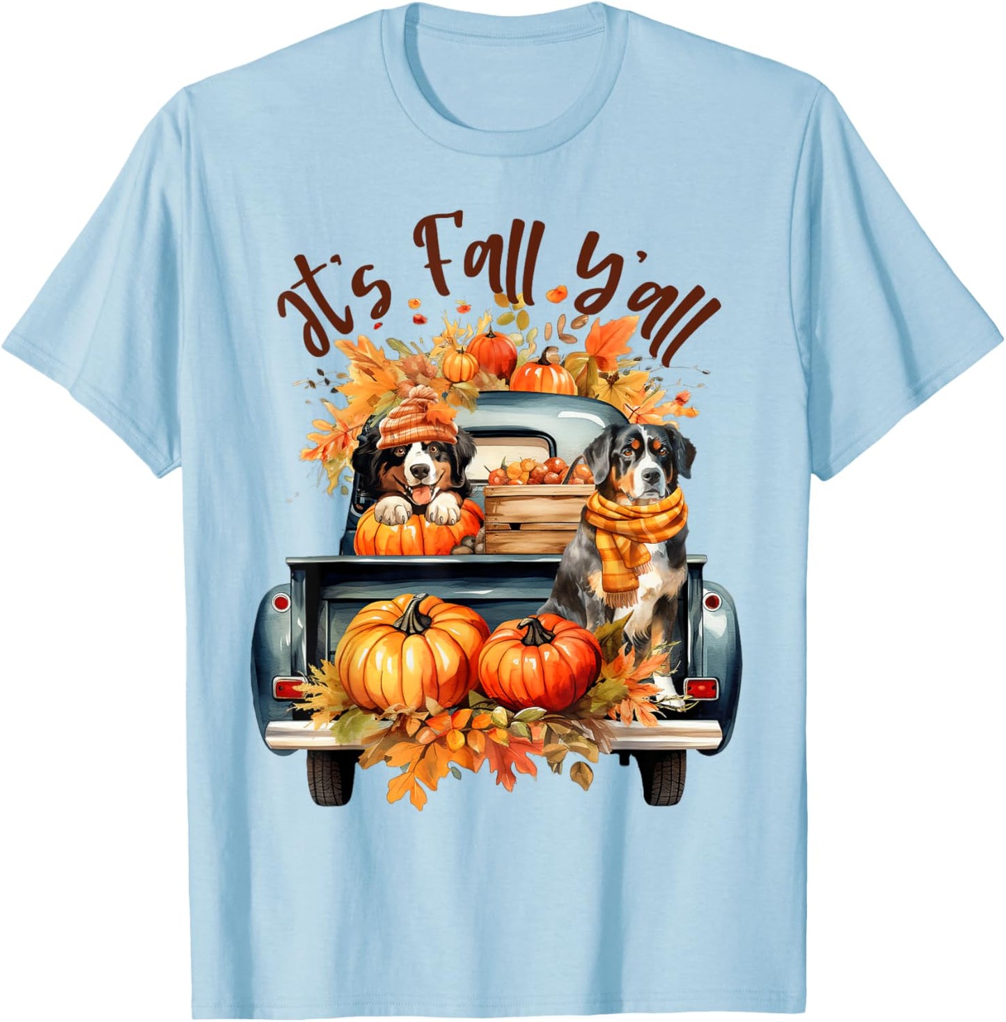 It’s Fall Y’all Bernese Mountain Dogs Pumpkins Truck Autumn T-Shirt - T-Shirt | Light Blue
