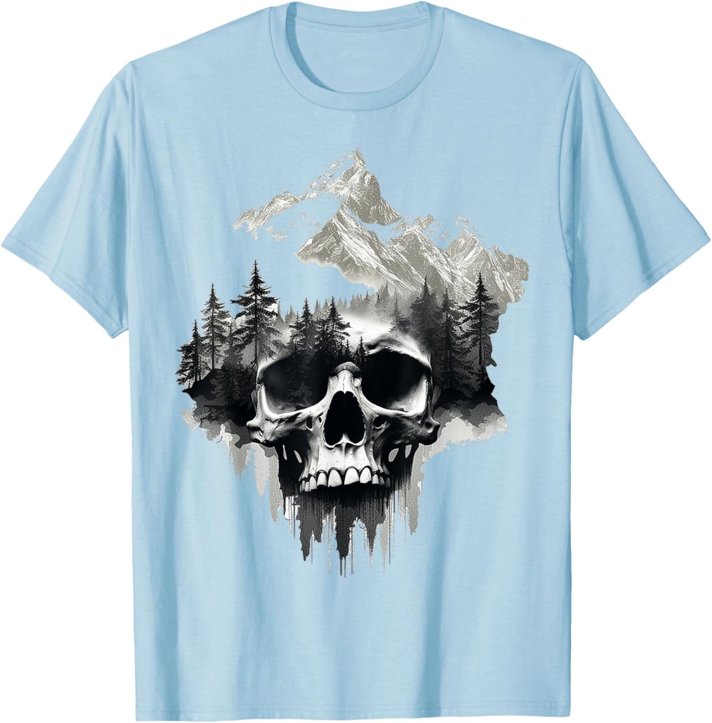 Skull Drawing Nature Artwork Mountains Tree Art Skull T-Shirt - T-Shirt | Light Blue