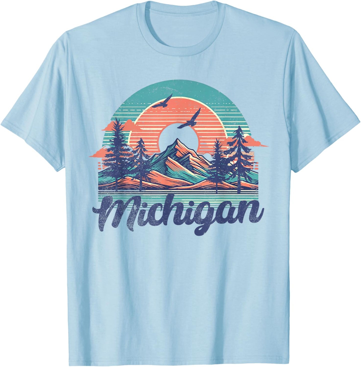 Michigan USA Outdoor Vintage Michigan Blue -Adults, Kids Short Sleeve Classic Fit Cotton, Polyester Small T-Shirt - T-Shirt | Light Blue