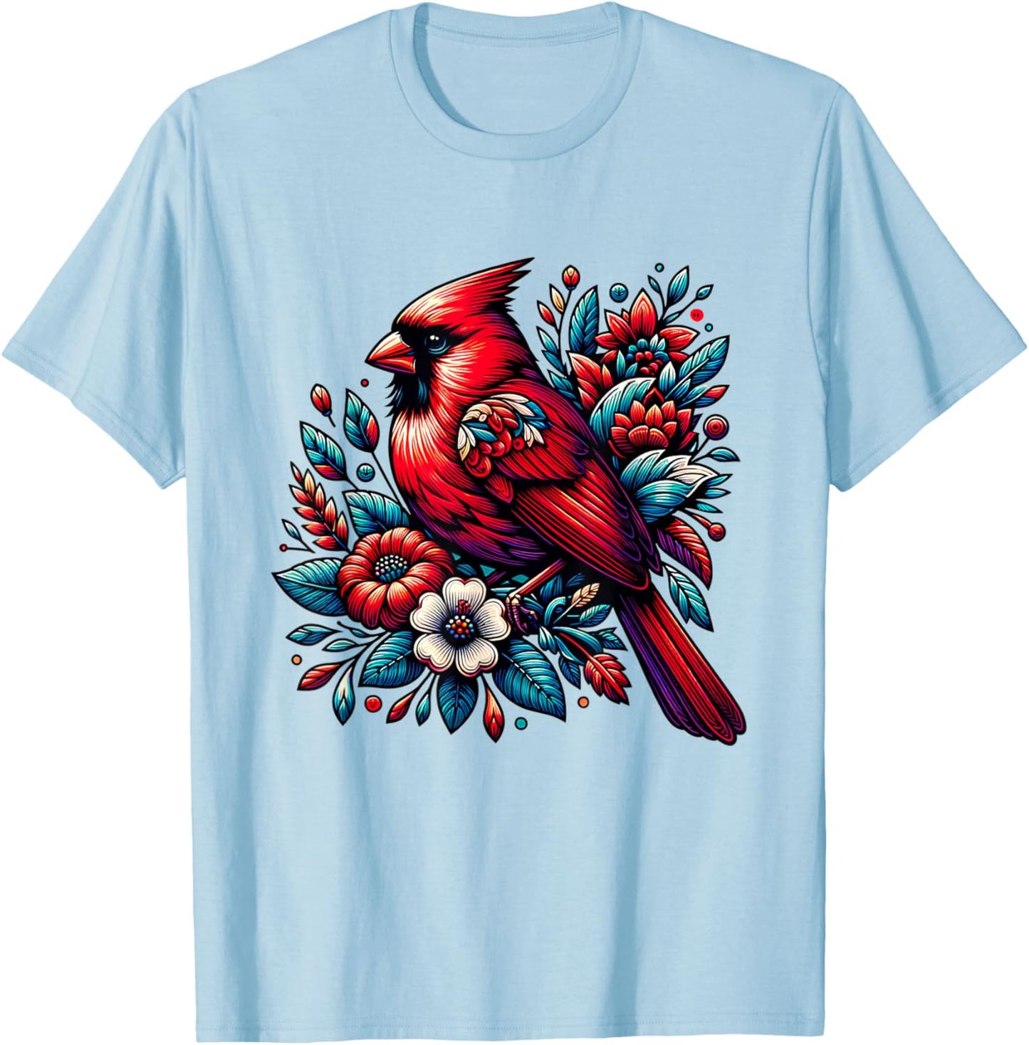 Cute Red Cardinal Bird Vintage Flowers Northern Cardinal T-Shirt - T-Shirt | Light Blue