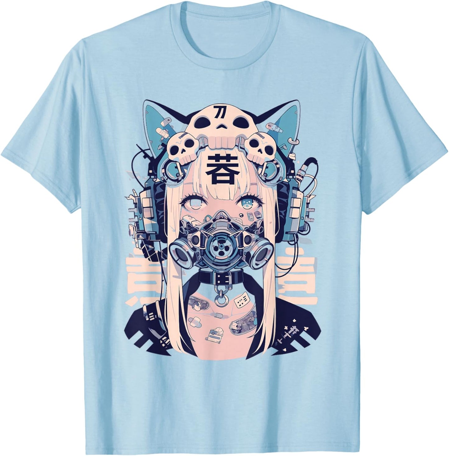 Anime Manga Cyberpunk Aesthetic Techwear Harajuku Cat Girl T-Shirt - T-Shirt | Light Blue