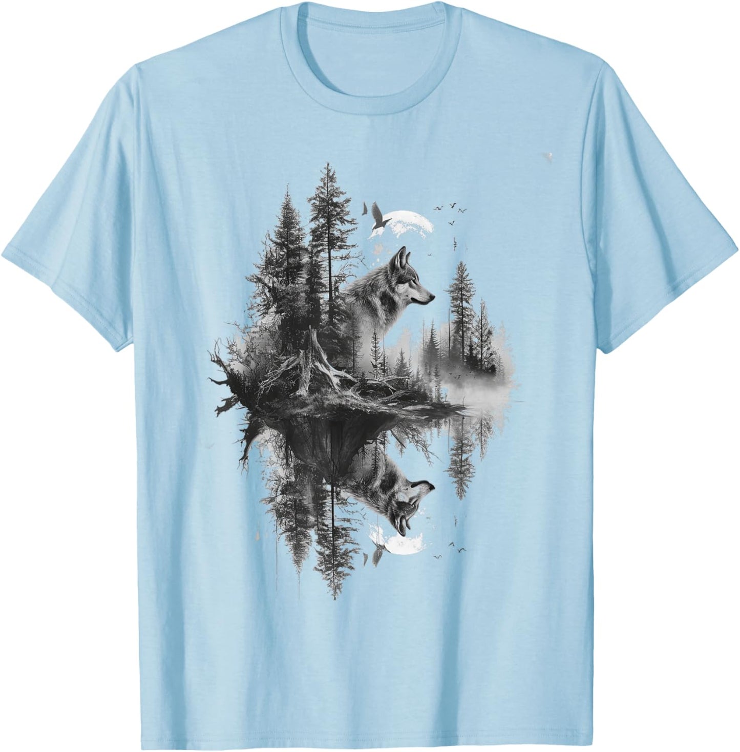Wolf in front of moon and trees wolves wild animal T-Shirt - T-Shirt | Light Blue
