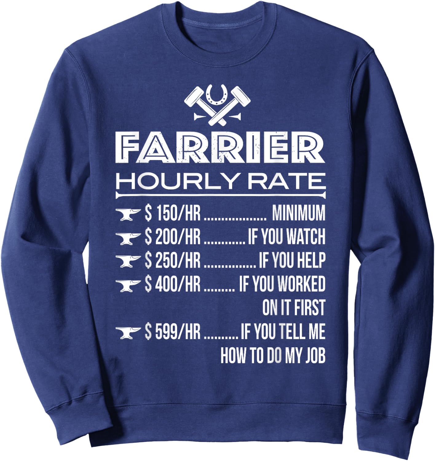 Horse Foot Care Specialist Job Title Wage Chart Funny Farrier Rates Labor Horseshoer Equine Hoof Worker Gift Sweatshirt - Sweatshirt | Navy