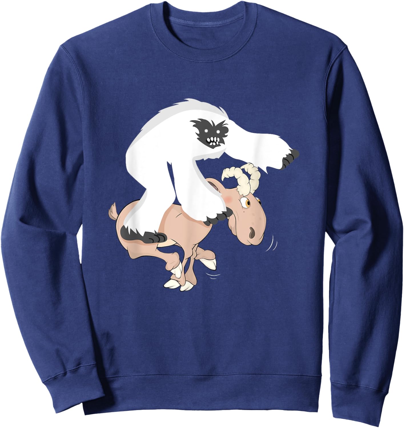 Funny Baby Yeti Riding Goat Cartoon Bigfoot Play Junior Goat Sweatshirt - Sweatshirt | Navy