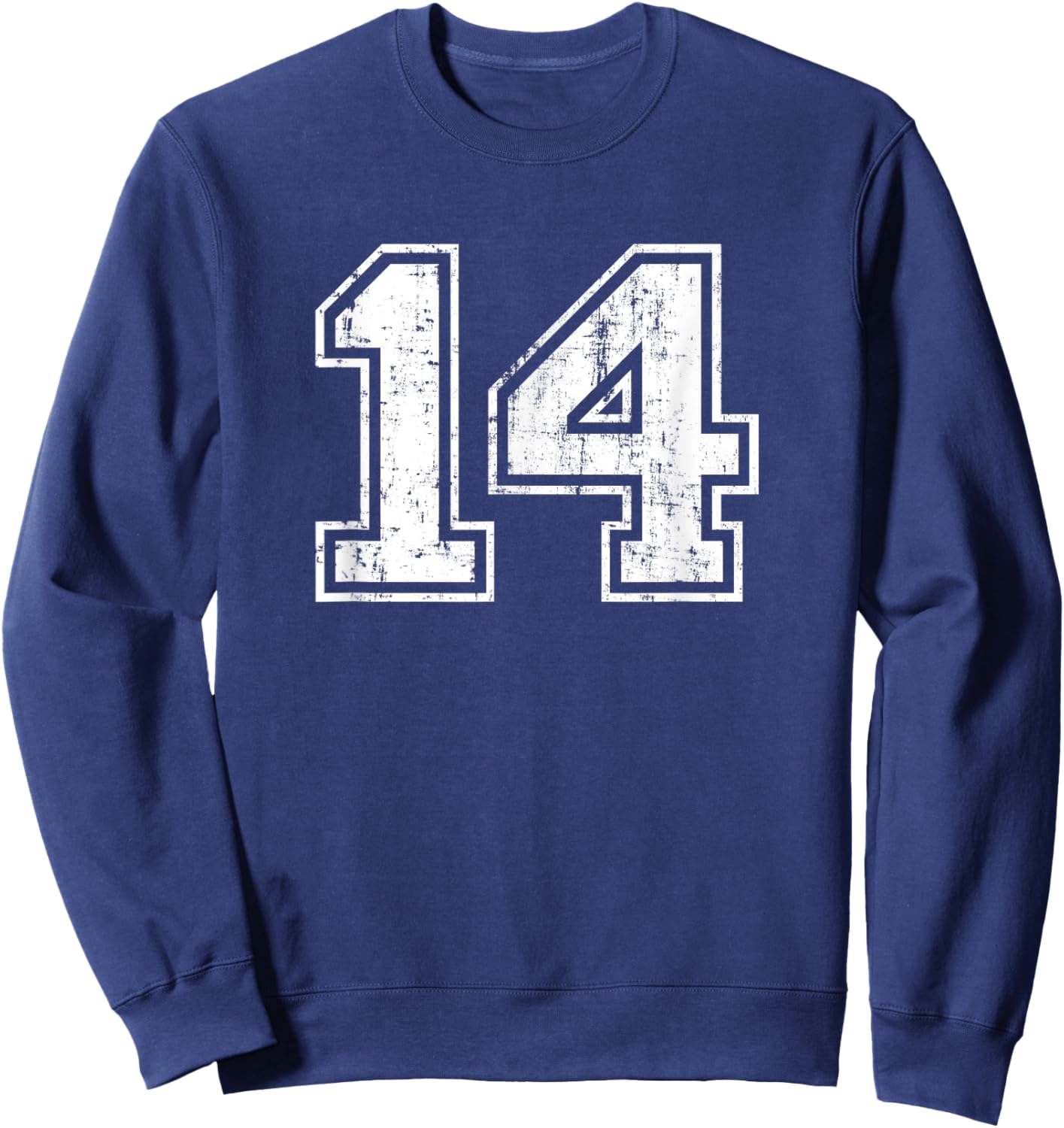 Number 14 Fourteen Distressed Vintage Sports Team Training Sweatshirt - Sweatshirt | Navy