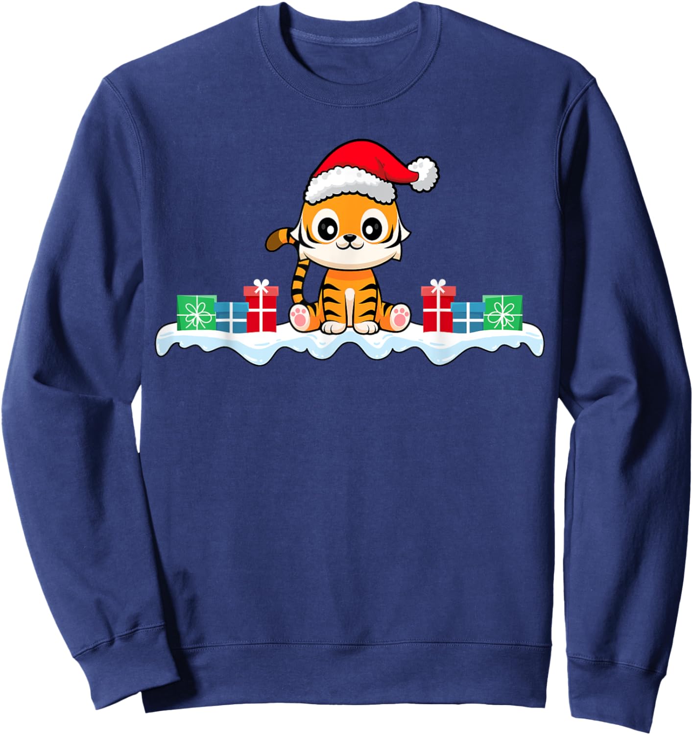 Kawaii Tiger Wearing Santa Hat Xmas Tiger Lover Christmas Sweatshirt - Sweatshirt | Navy