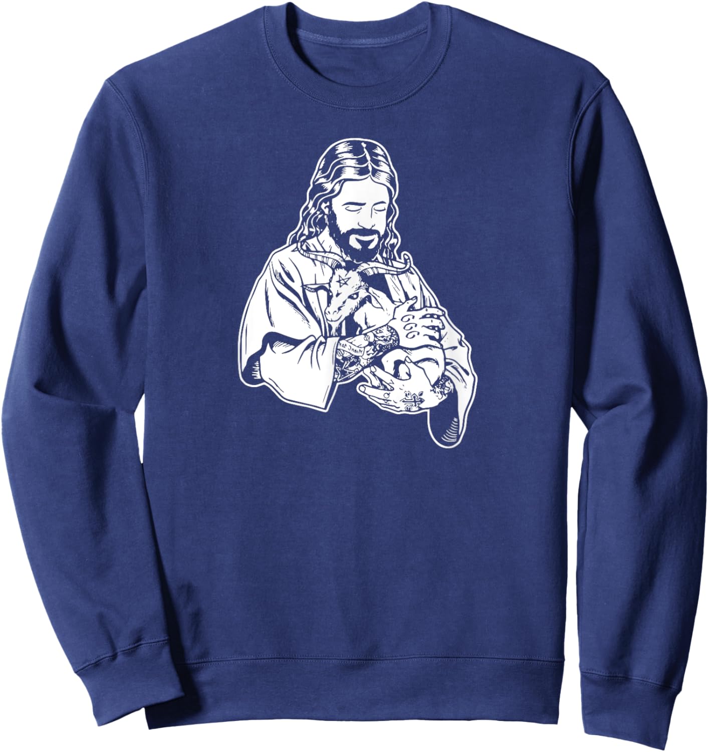 Jesus Holding Goat Baphomet Occult Satanic Tattooed Jesus Sweatshirt - Sweatshirt | Navy