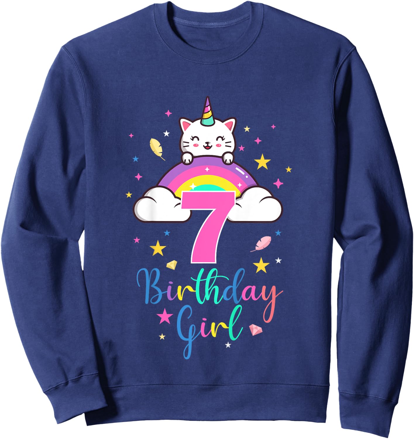 7th Birthday Girl Seven Years Old Birthday Caticorn Rainbow Sweatshirt - Sweatshirt | Navy