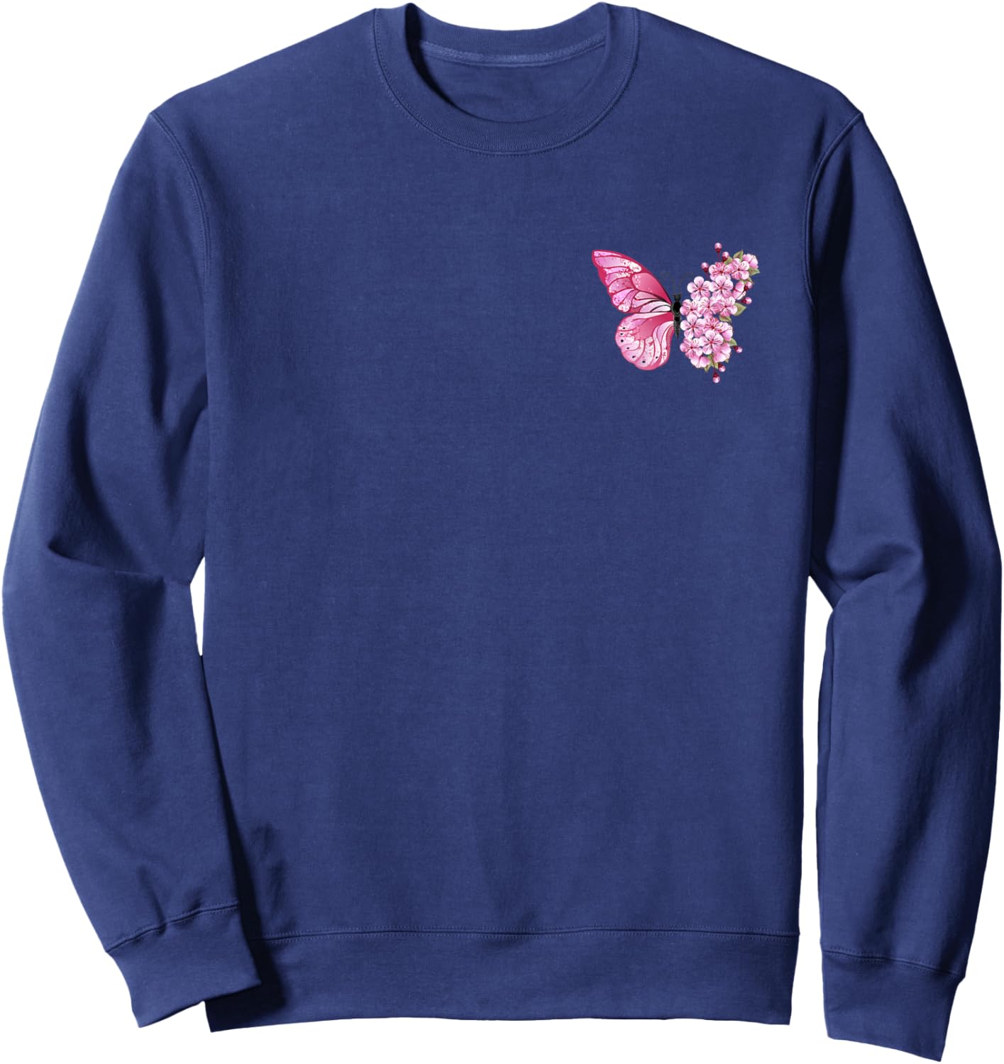 Butterfly With Cherry Blossom Wing Sakura On Chest And Back Sweatshirt - Sweatshirt | Navy