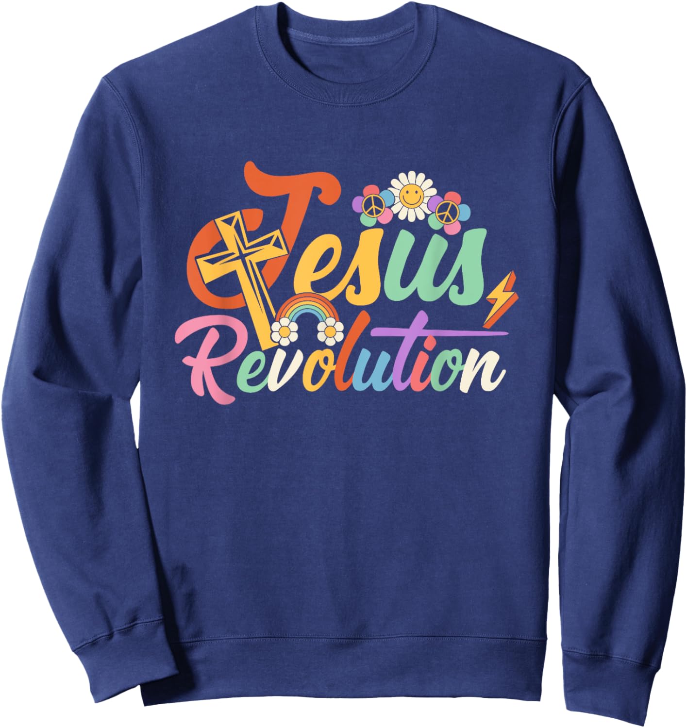 Jesus Revolution Groovy Flower Vintage Christian Faithcross Sweatshirt - Sweatshirt | Navy