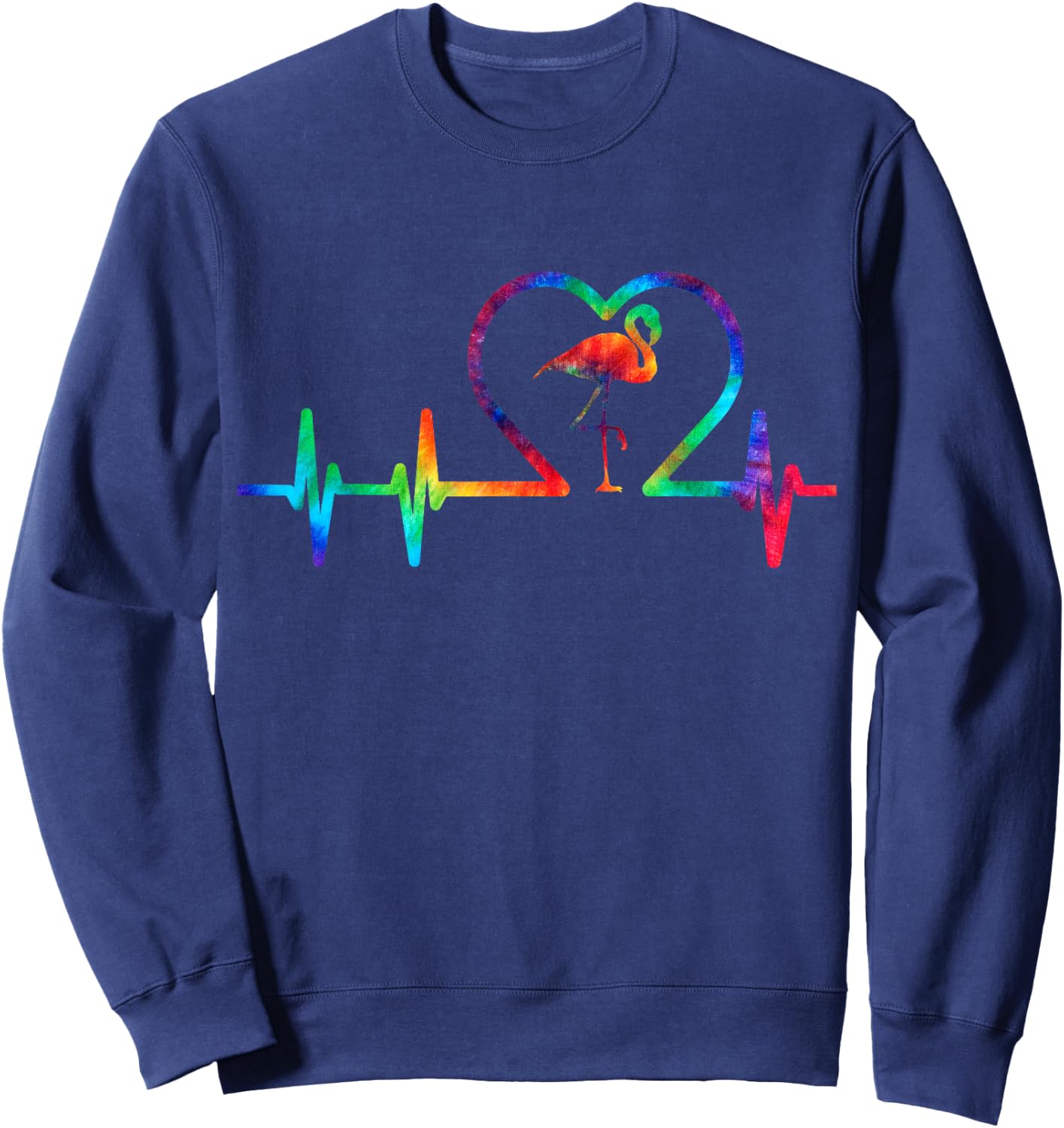 Tie Dye Flamingo Lovers Heartbeat Colorful Heart Rainbow Sweatshirt - Sweatshirt | Navy