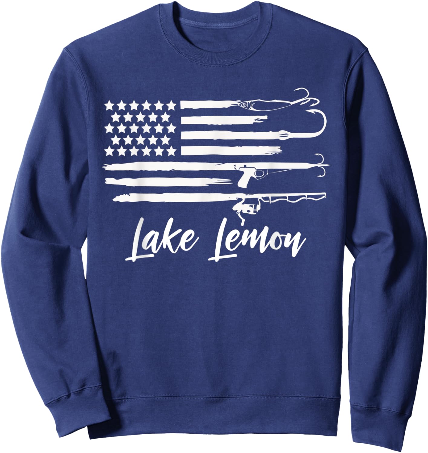 Lake Lemon Indiana Patriotic Fishing Novelty Flag Sweatshirt - Sweatshirt | Navy