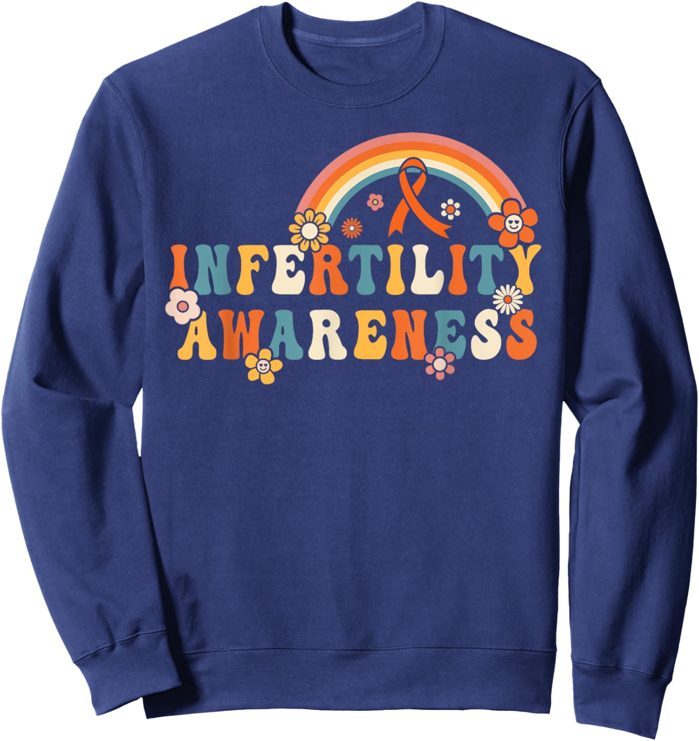 Groovy Infertility Awareness Orange Ribbon Rainbow Men Women Sweatshirt - Sweatshirt | Navy
