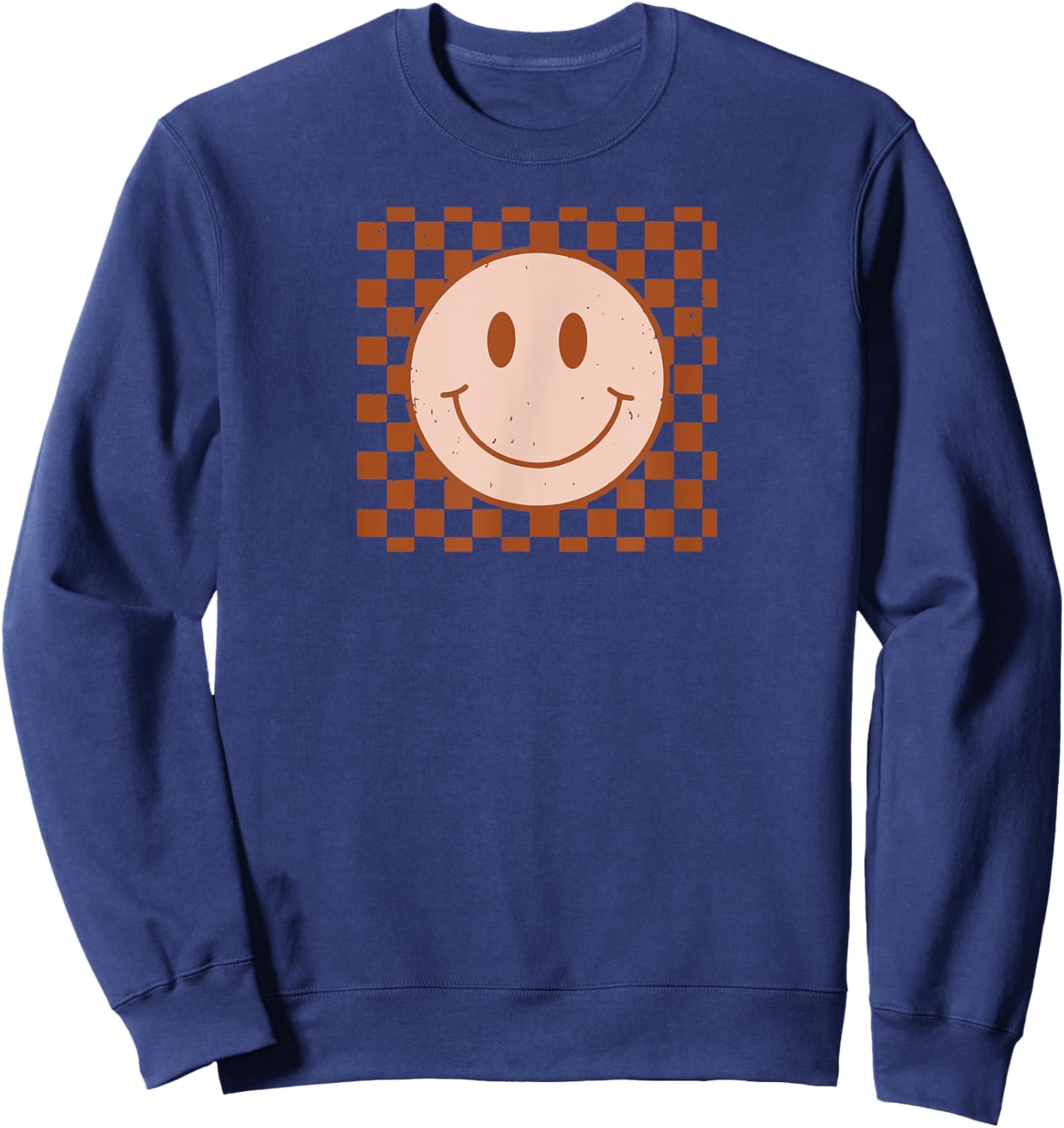 Retro Happy Face Smile Face Checkered Pattern Sweatshirt - Sweatshirt | Navy