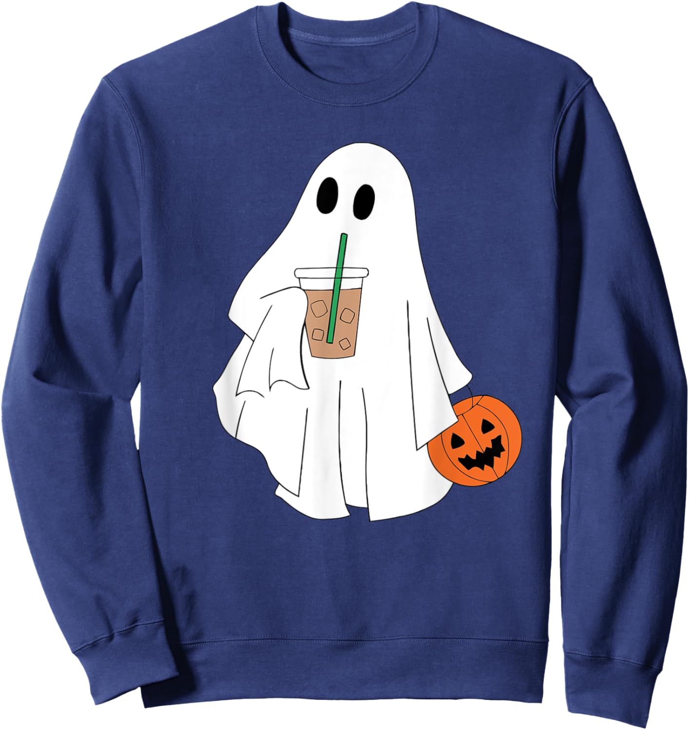 Cute Ghost Drinking Coffee Halloween Ghost Ice Coffee Sweatshirt - Sweatshirt | Navy