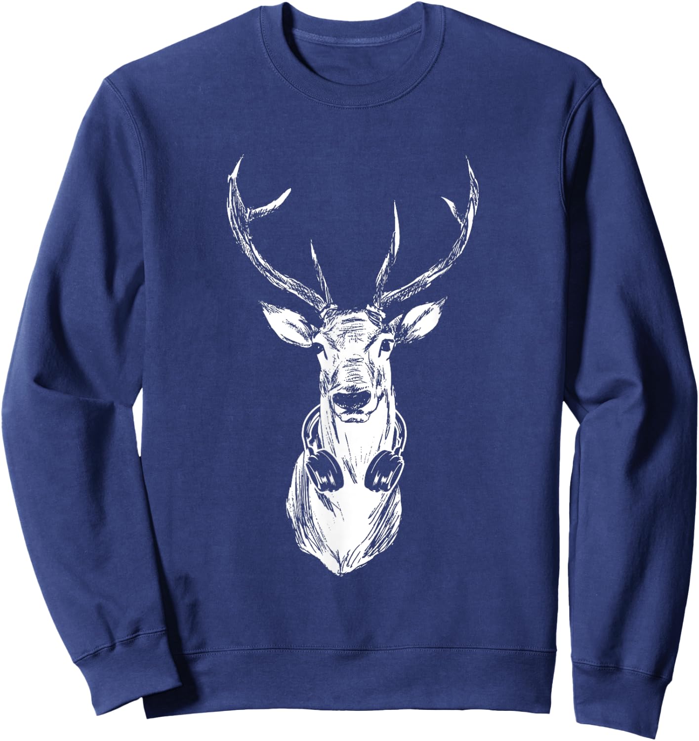 Vintage Deer Musician DJ Moose with Headphones Music Lovers Sweatshirt - Sweatshirt | Navy