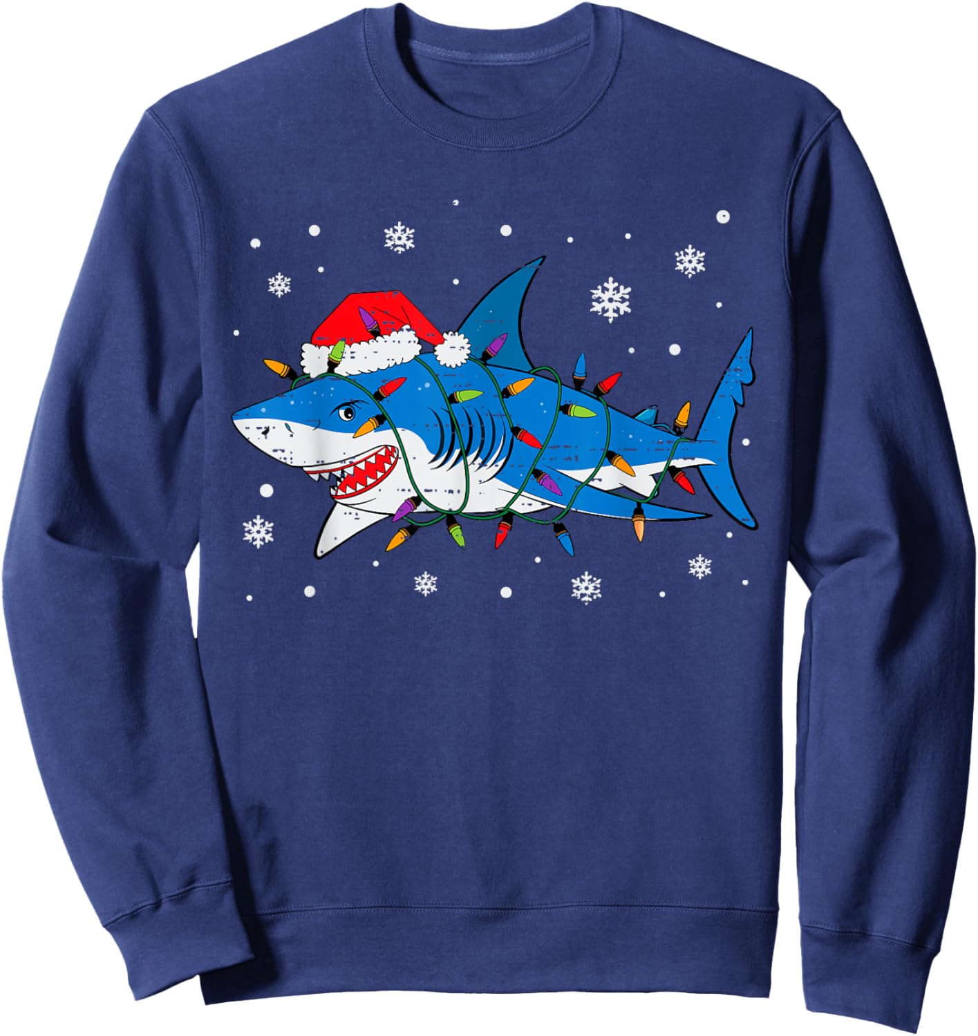 Shark Santa Hat Christmas Lights Xmas Pajama Men Women Kids Sweatshirt - Sweatshirt | Navy