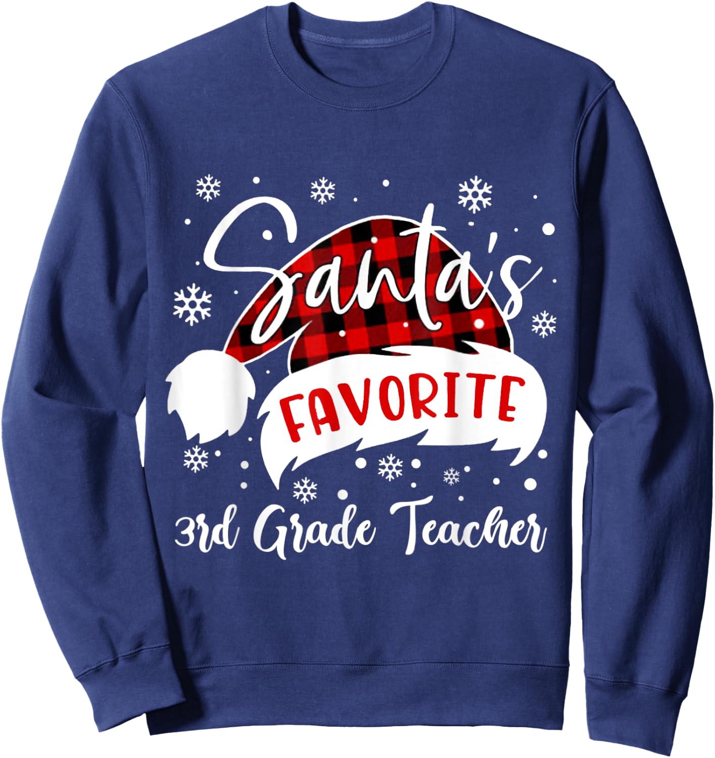Santa's Favorite 3rd Grade Teacher Hat Flannel Christmas Women Kids Sweatshirt - Sweatshirt | Navy